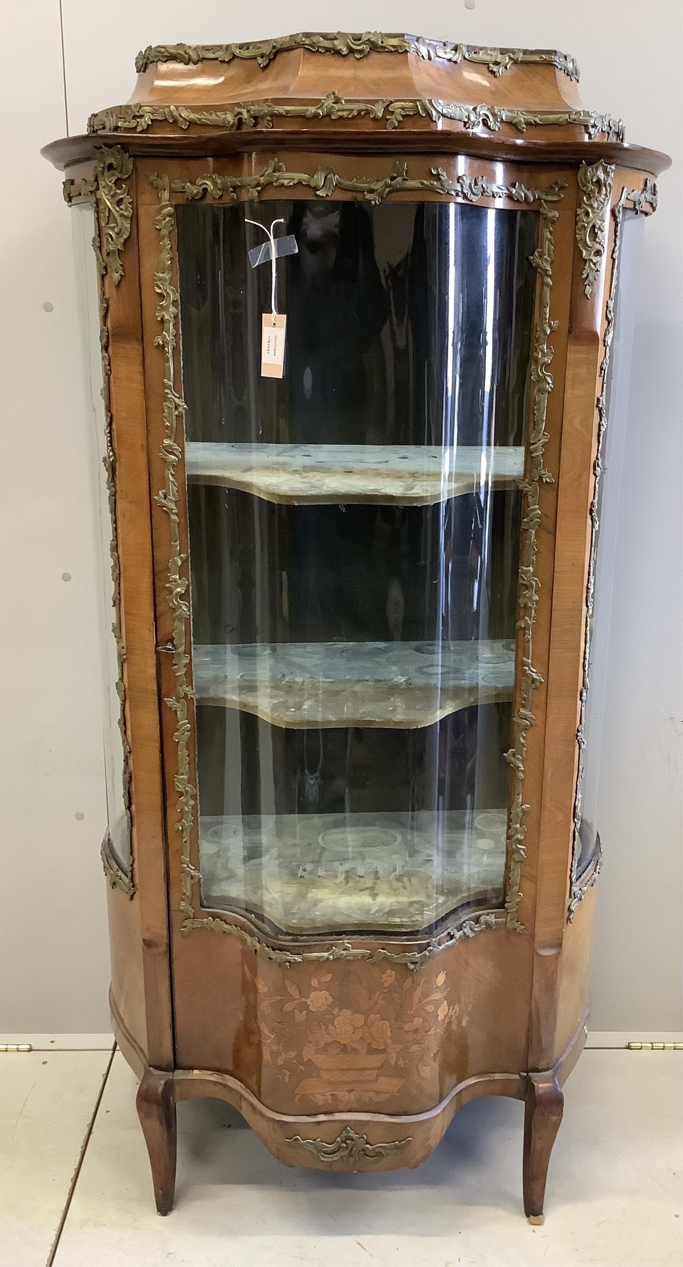 A late 19th century Louis XV style gilt metal mounted marble top marquetry inlaid mahogany vitrine, width 90cm, depth 45cm, height 164cm
